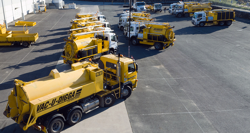 Aerial picture of Vac U Digga NZ sucker trucks and Hydrovac truck for soil excavation, drainage unblocking, vacuum excavation and hydro digging in Christchurch Auckland Hamilton Dunedin