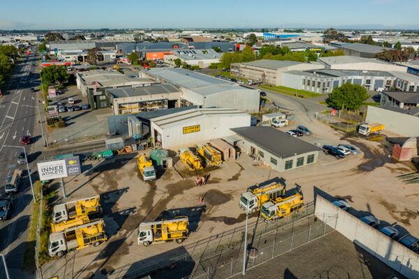 Aerial picture of Vac U Digga NZ headquarters for soil excavation, drainage unblocking, vacuum excavation and hydro digging in Christchurch Auckland Hamilton Dunedin