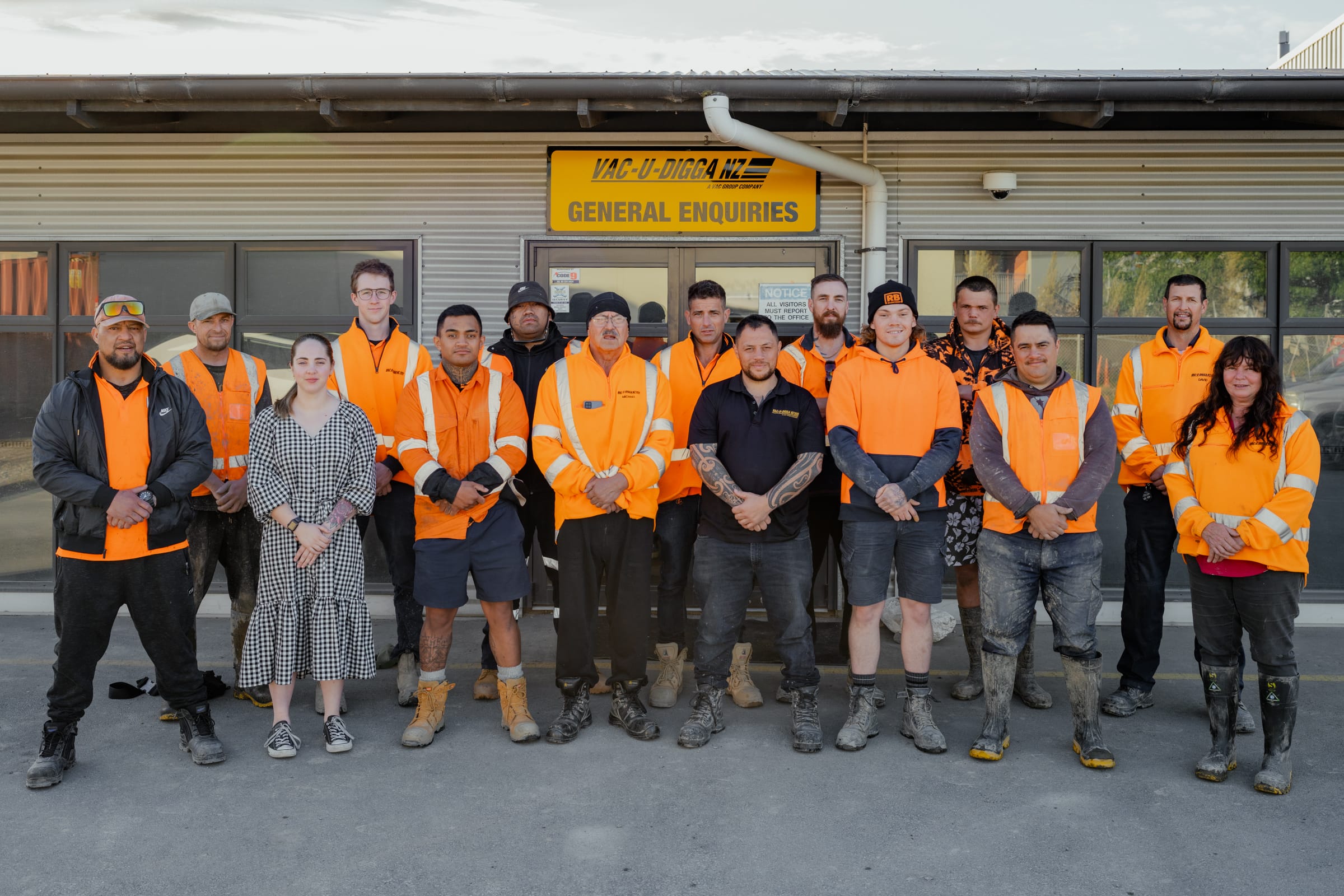 Team photo at Vac U Digga NZ headquarters for drainage unblocking, vacuum excavation and hydro digging